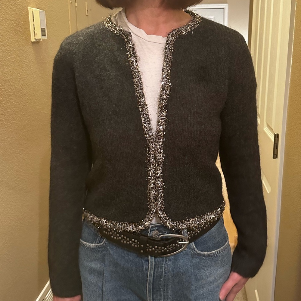 Rag & Bone Davies Metallic-Trim Crewneck Festive Knit Cardigan - Picture 4 of 10